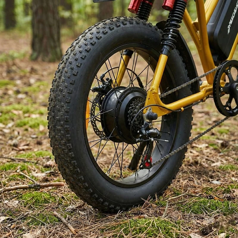 Close-up of the 1500W silent brushless hub motor on the Poleejiek F6, designed to not spook game during hunting.