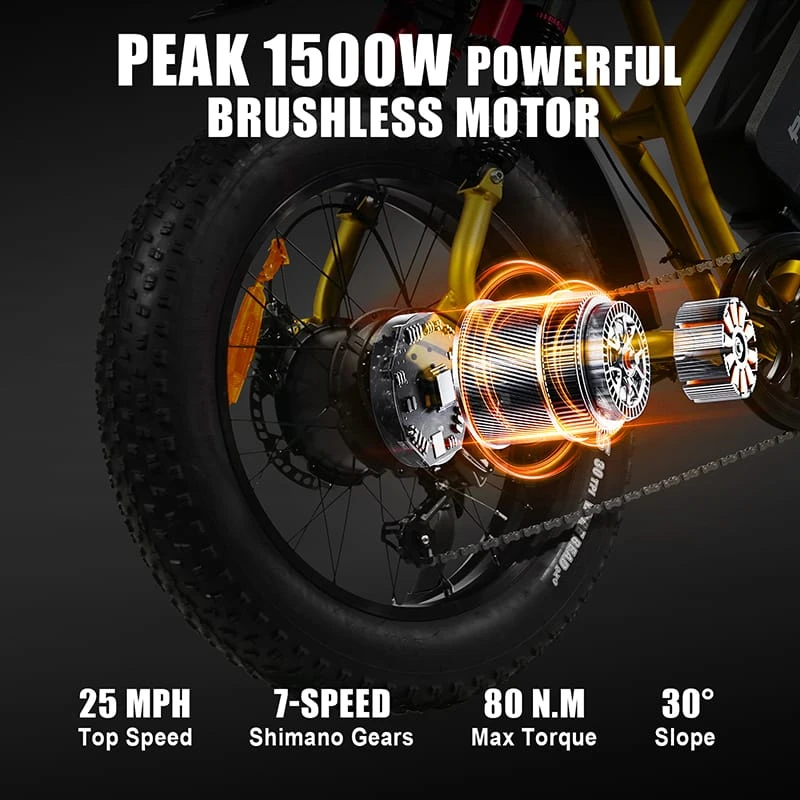 Close-up view of the 1500W brushless rear hub motor and 48V battery on the F6, highlighting the clean design without messy oil filters or carburetors.