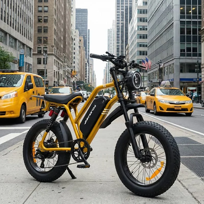 POLEEJIEK F6 electric bike positioned on a transition background from city pavement to dirt trail, representing the crossover inventory strategy for 2026.