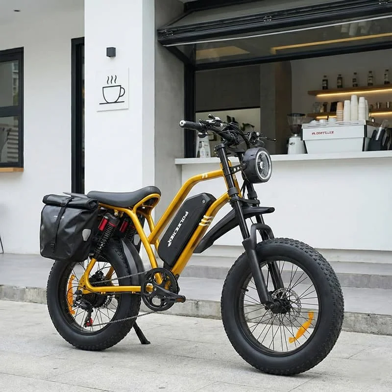 Side view of a rugged POLEEJIEK F6 equipped with cargo accessories in an urban setting, visualizing the 'SUV of E-Bikes' marketing concept.