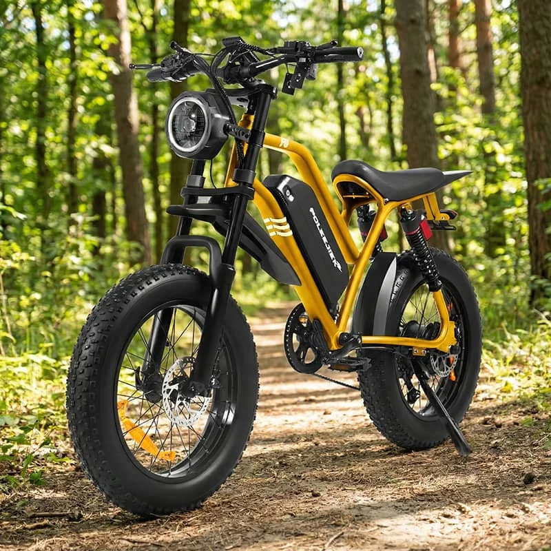 Close-up detail of the F6 4-inch fat tires and adjustable suspension absorbing impact, illustrating the 'Pothole Killer' feature for urban riding.