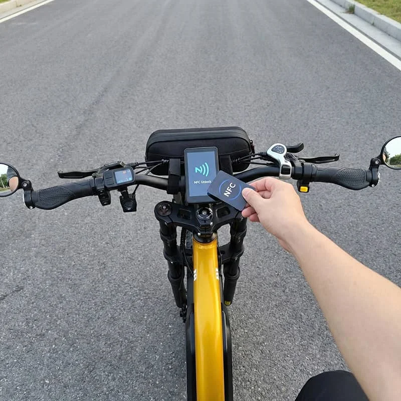 The Poleejiek F6 handlebar display showing the NFC tap-to-unlock feature, alongside custom accessories like side mirrors and panniers that increase dealer profit margins.