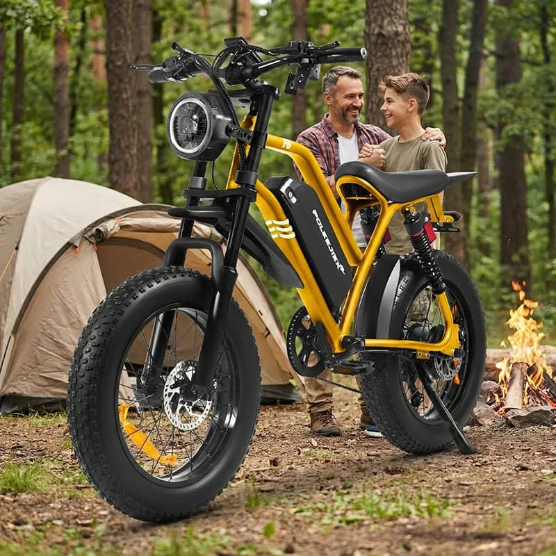A lifestyle marketing image showing a father and teenage son with two Poleejiek F6 electric bikes at a campsite, illustrating the potential for family adventure sales bundles.