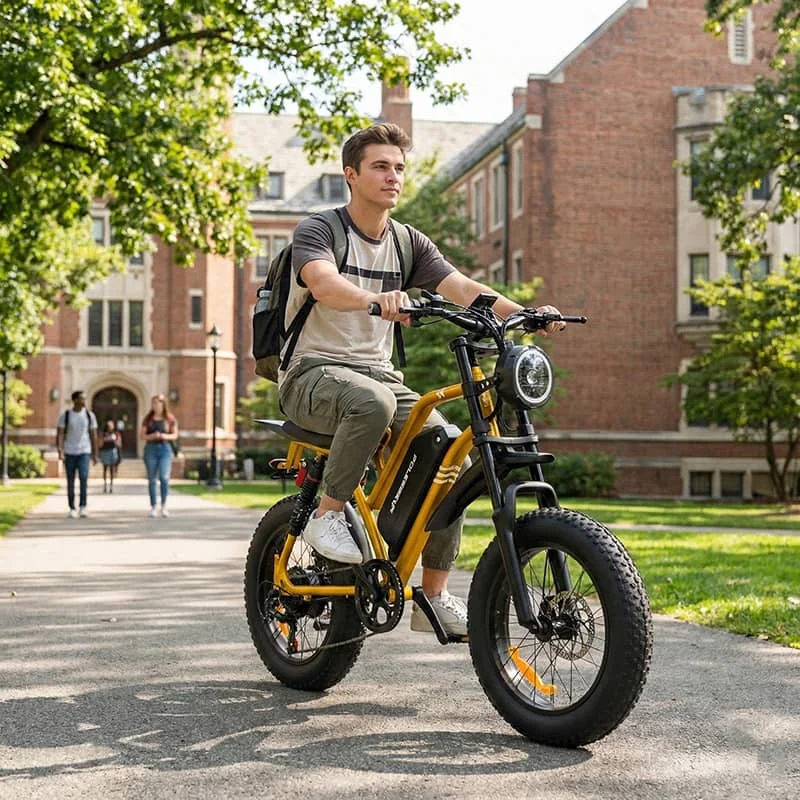 A young adult student riding a moped-style electric bike on a university campus, representing the growing Gen Z market for license-free electric mobility solutions.