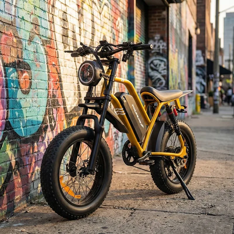 A stylish black moped-style electric bike (Poleejiek F6) parked against a graffiti wall in a city, featuring a long bench seat and retro headlight, illustrating the 2026 urban mobility trend.