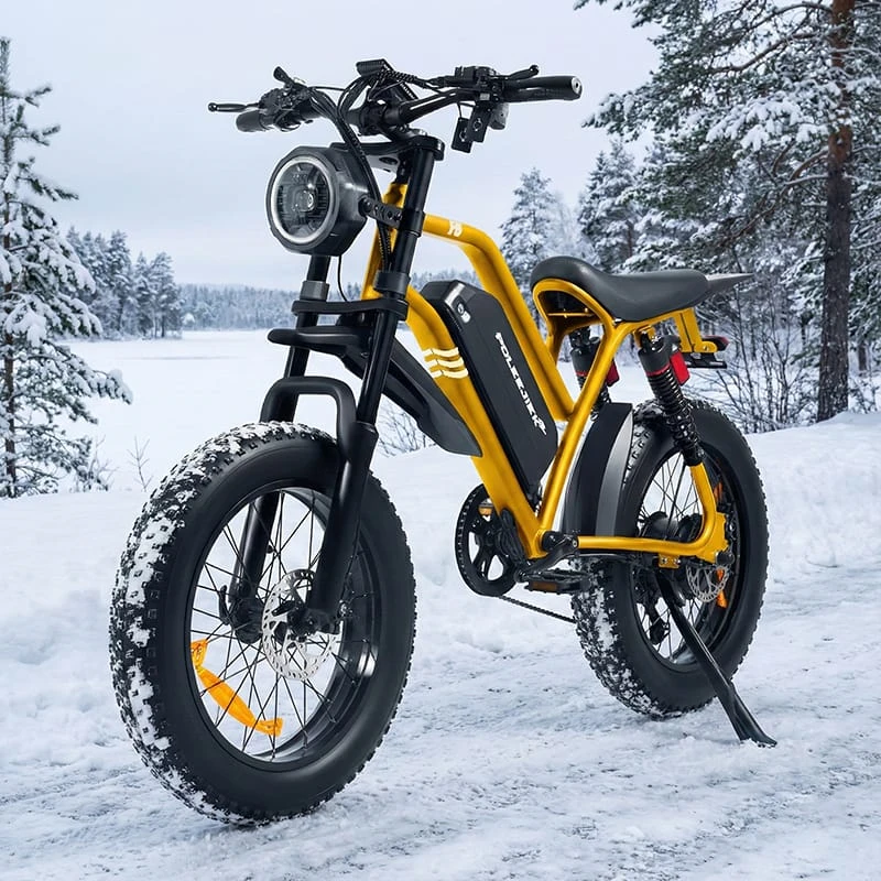 A rider commuting on a Poleejiek F6 electric fat tire bike through a snowy urban street, demonstrating winter riding capability.