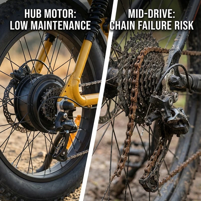 Diagram comparing high chain wear on mid-drive ebikes versus the low maintenance requirements of the Poleejiek F6 hub motor system.