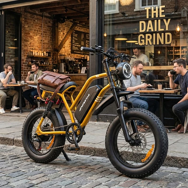 A stylish black Poleejiek F6 parked in front of a modern coffee shop, highlighting its retro moped design and long seat appealing to urban professionals.