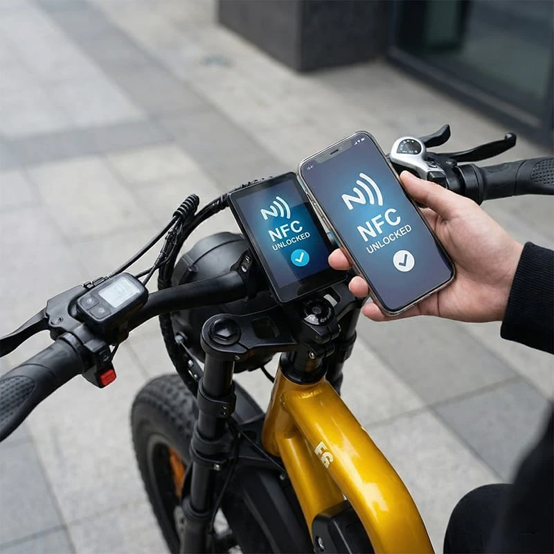 Rider unlocking the POLEEJIEK F6 using NFC keyless technology on the digital dashboard, illustrating quick start convenience.