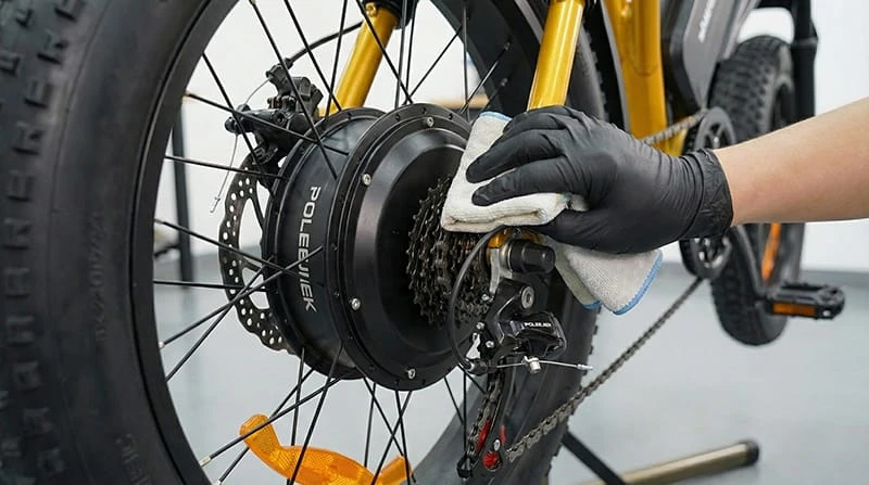 The 1500W rear hub motor of the Poleejiek F6, highlighting its sealed design that requires no chain cleaning or internal gear lubrication compared to mid-drive motors.