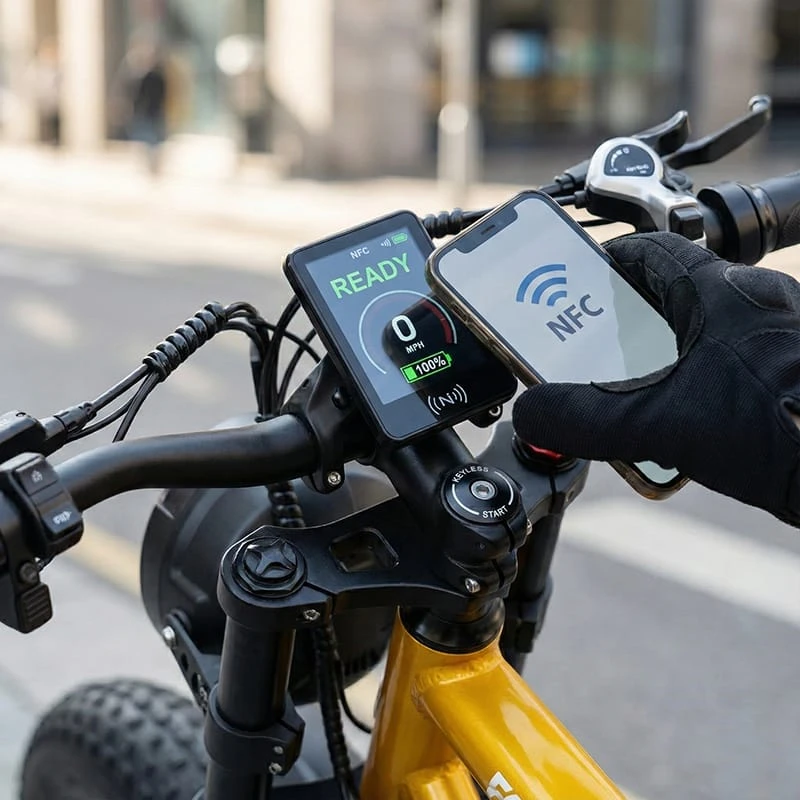 Close-up view of the Poleejiek F6 digital display and NFC keyless start system, highlighting the modern security features and ease of use without traditional keys.