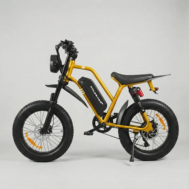 Side view of a compact electric pit bike showing the retro style frame and compact design suitable for adults and teens