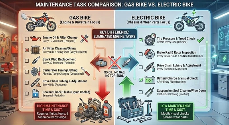 Chart comparing maintenance tasks: Gas bikes require oil, filters, spark plugs vs Electric bikes requiring only tires and brakes.