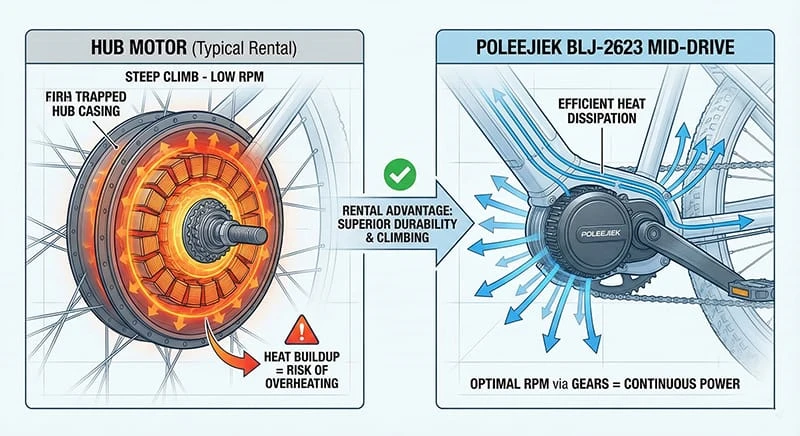 Diagram comparing mid-drive motor efficiency vs hub motor for rental businesses, highlighting the heat dissipation benefits of the Poleejiek BLJ-2623.