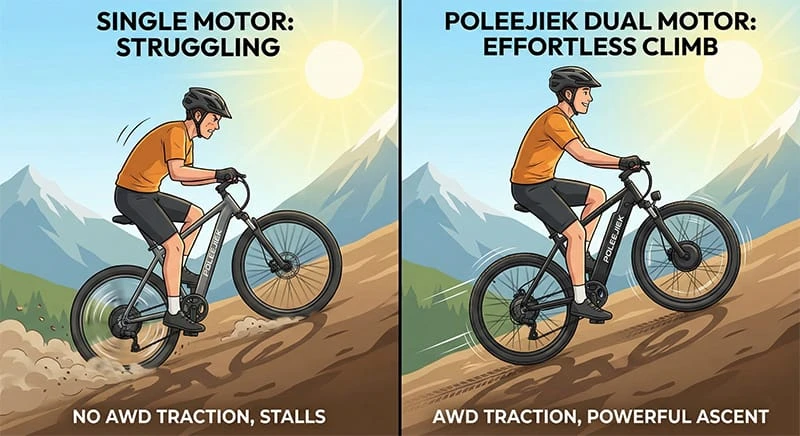 Illustration comparing a single motor ebike struggling on a hill versus a Poleejiek dual motor ebike climbing effortlessly with AWD traction.