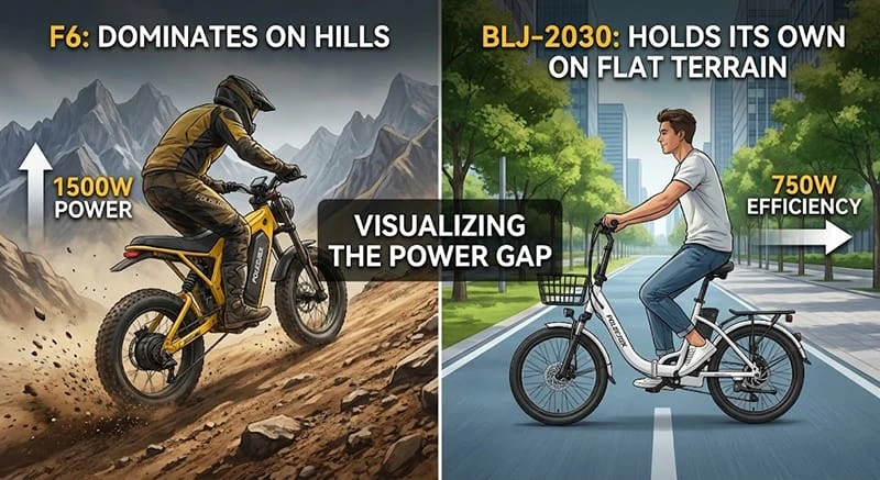 Chart comparing the torque curve of a Poleejiek 1500W ebike versus a 750W folding ebike.