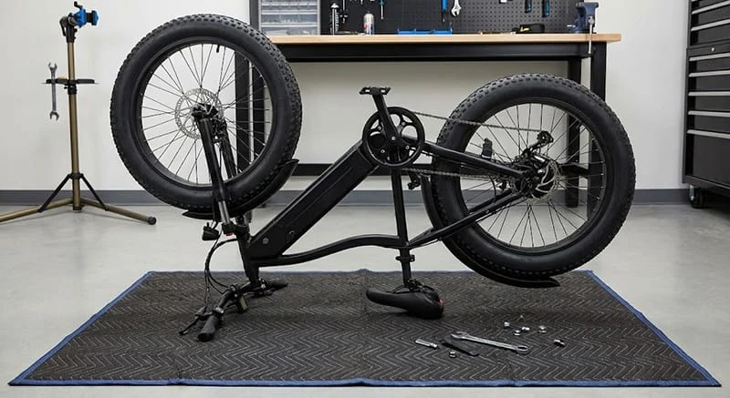 An electric fat tire bike flipped upside down on a mat for maintenance.