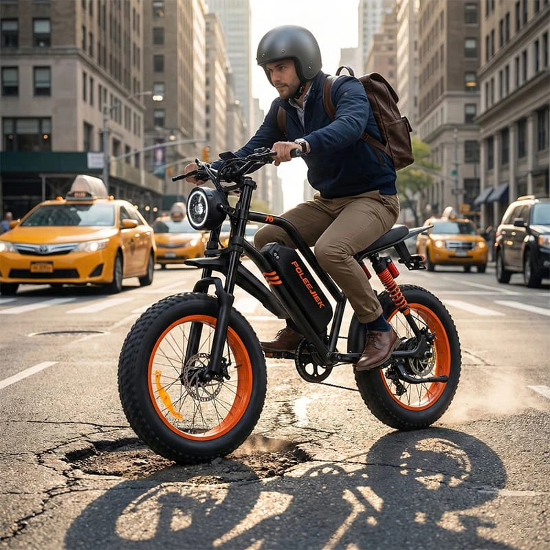 A Poleejiek F6 electric dirt bike smoothly riding over a rough city street with potholes, highlighting suspension compression.