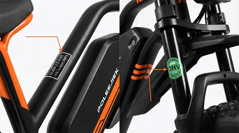 Visual guide showing where to place Class 2 sticker vs OHV sticker on a Poleejiek E-bike frame